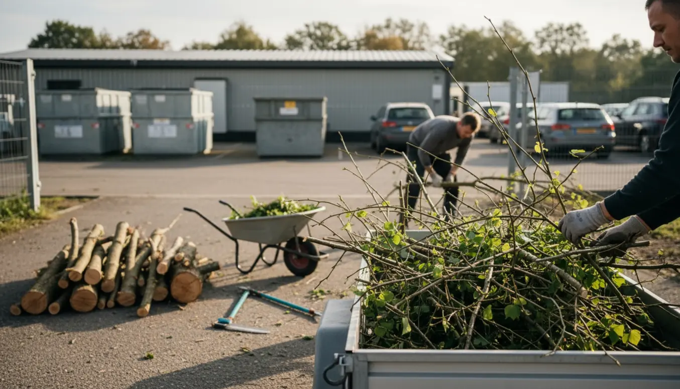 En person læsser grene på en trailer ved en genbrugsplads, mens tykke stammer er lagt til side.