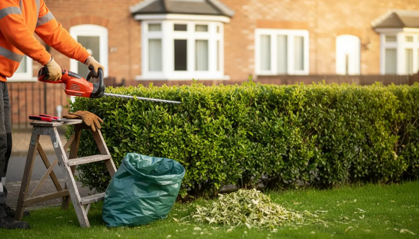 En ejer trimmer en lille hæk foran et rækkehus med en elektrisk hækkeklipper, og afklippede grene ligger samlet på græsset.