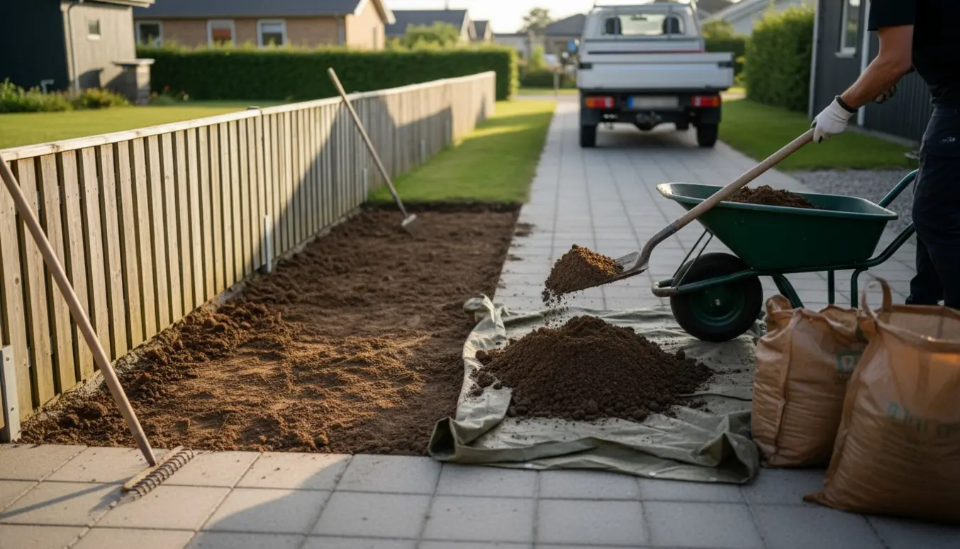 Jord fjernes foran et træhegn ved fliserne med skovl og trillebør i en forstadshave.