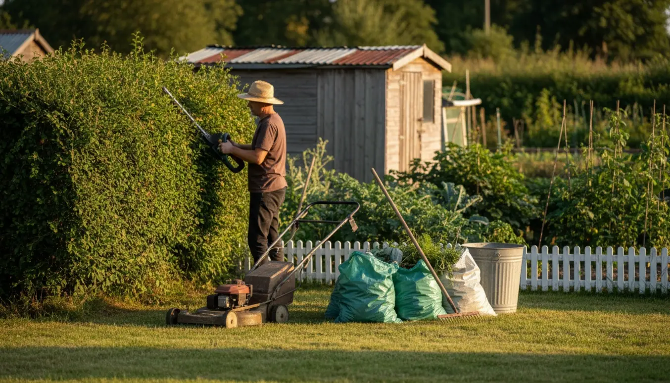 Havemand trimmer hæk og samler grønt affald i sække i en hyggelig kolonihave på sensommeren.