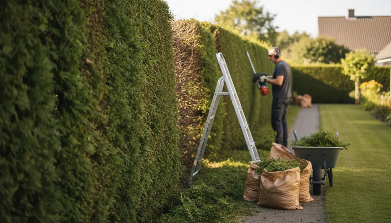 Lang thuja-hæk i Brabrand, hvor en havemand trimmer siden med en el-hækkeklipper og en trillebør fyldt med klip.