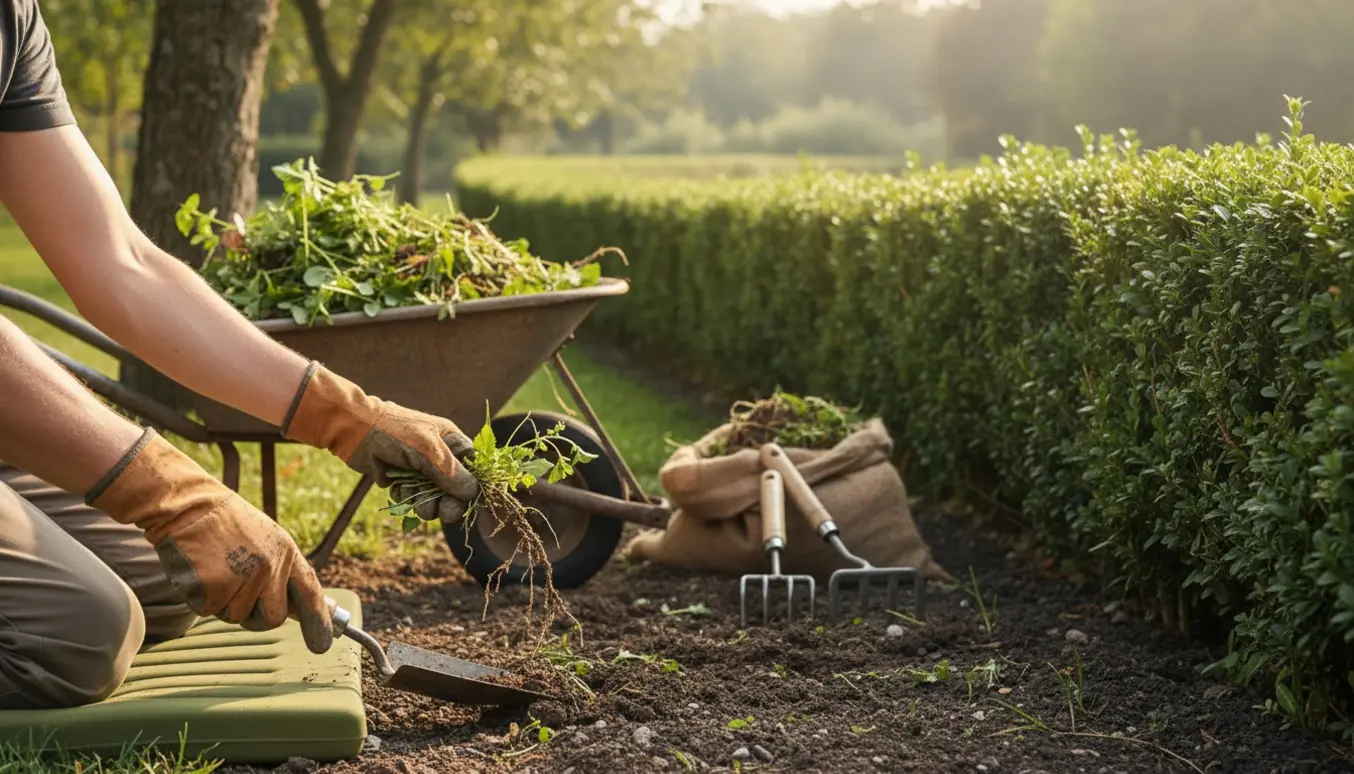 Nærbillede af handsker og haveredskaber, der fjerner ukrudt under en lang hæk.