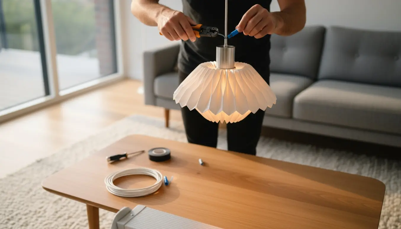 Plisseret Le Klint Sunflower-pendel monteres over et sofabord, med hænder og værktøj i fokus.