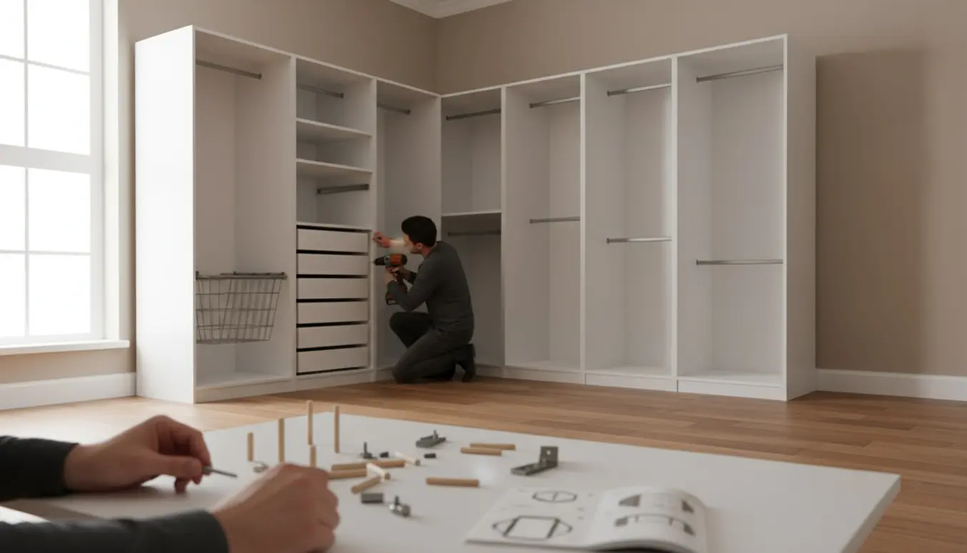 To personer samler et åbent hjørneskab med skuffer, hylder og bøjler i en lys entré.