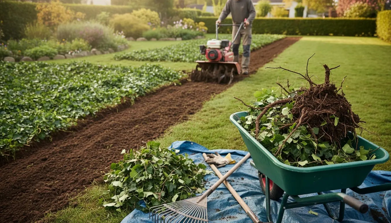 Stor have med efeu, bunker af fjernet efeu og en rotavator, hvor et stykke græsplæne er fræset op.