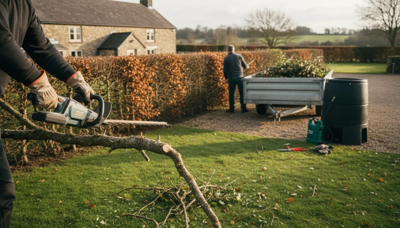 Nyklippet tjørn- og bøgehæk ved en gårdsplads, grene læsset i en trailer klar til kompostering.