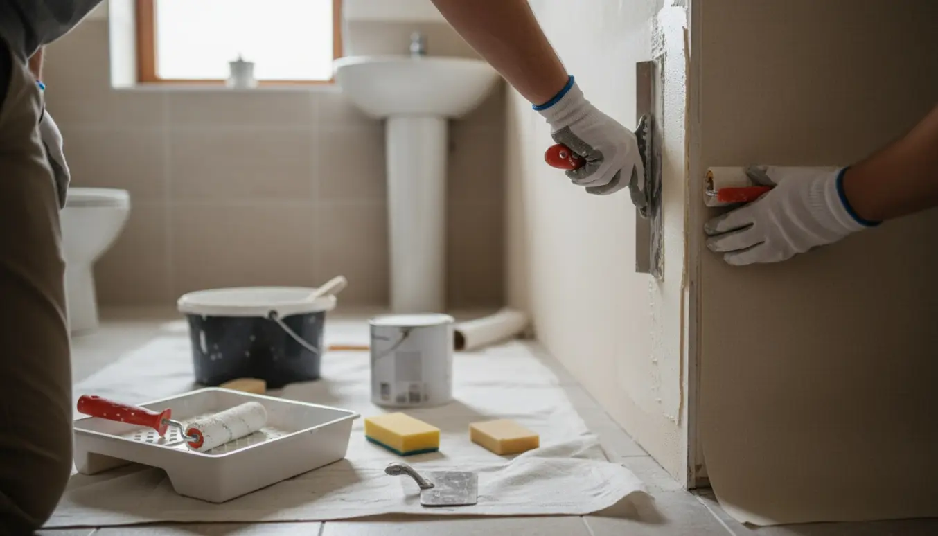 Hænder spartler væg i et lille badeværelse, filt rulles op og malergrej står klart.