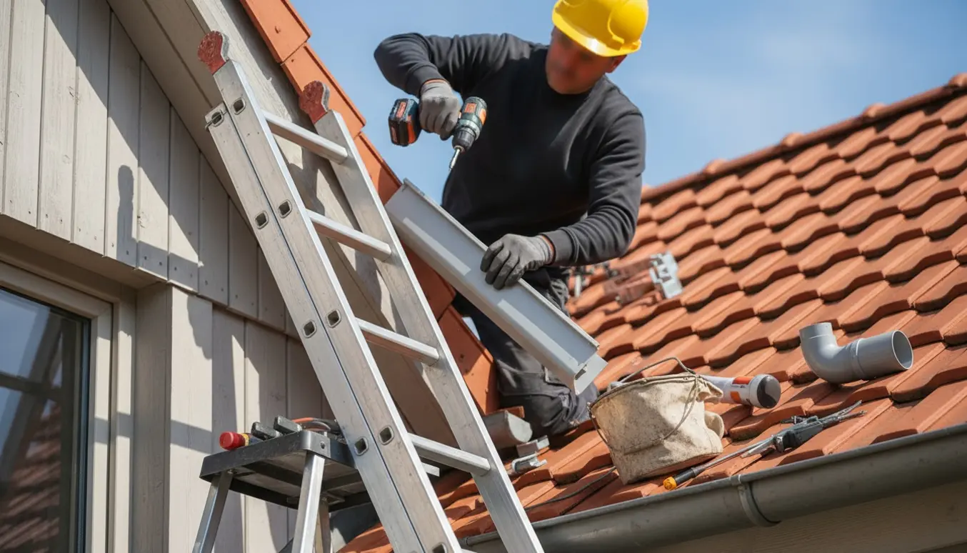 Håndværker udskifter en korroderet zinktagrende ved en kvist med stige og nyt plastiknedløb.