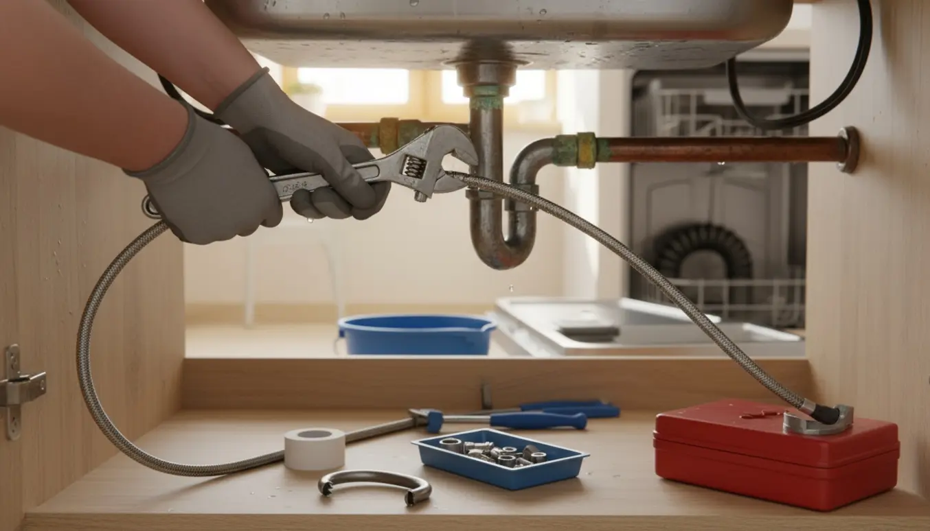 Nærbillede af hænder, der skifter vandrør under en køkkenvask for at reparere en dryppende vandhane og opvaskerens pumpe.