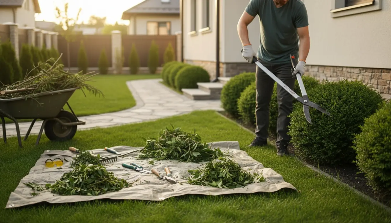 Hænder i handsker trimmer små buske ved et hus med afklippede grene i en trillebør.