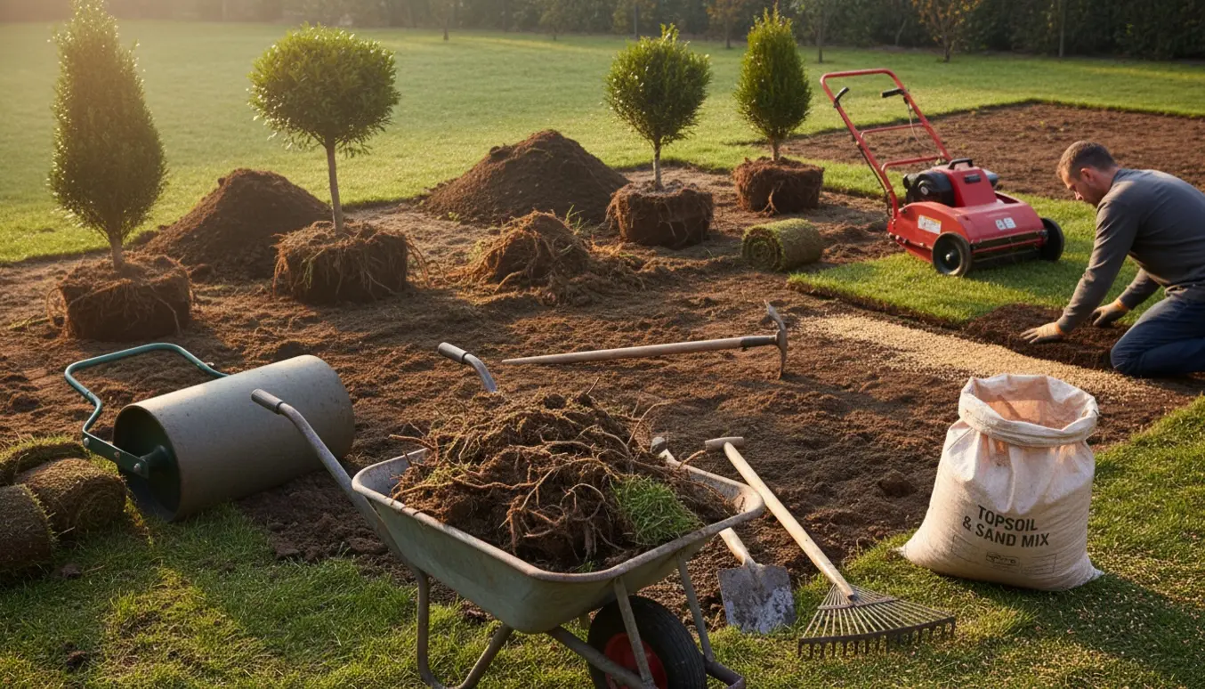 Haveunder renovering med fjernede træer, afgravet græs, værktøj og ny jord klar til græssåning.