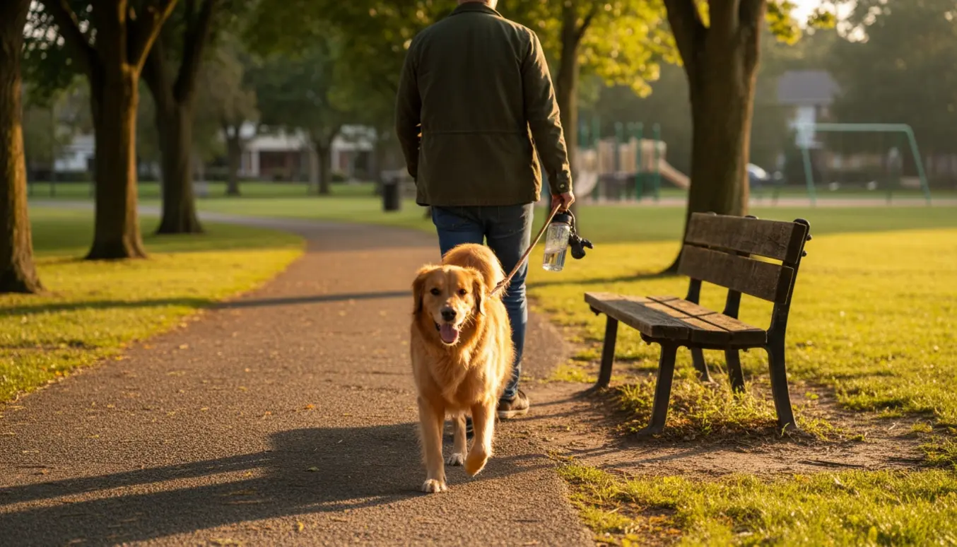 Person set bagfra lufter en mellemstor hund langs en træbeklædt parksti i varmt aftenlys.