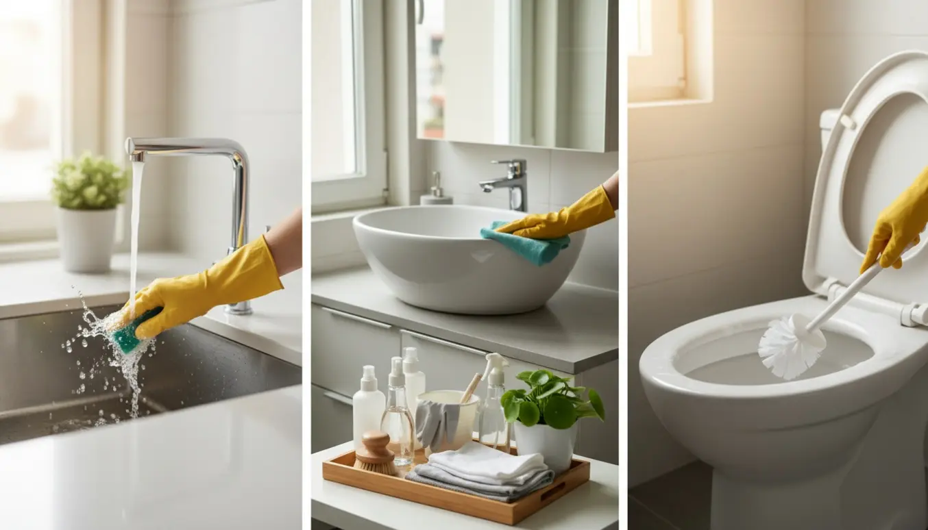 Handsker og rengøringsmidler mens køkkenvask, håndvask og toilet rengøres i naturligt lys.