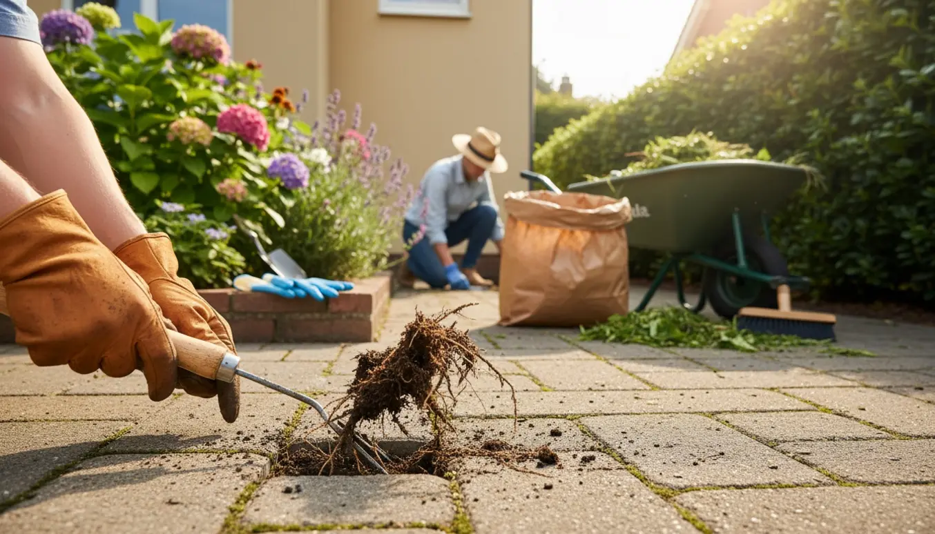 Nærbillede af havearbejde: ukrudt fjernes mellem fliser, langs husmuren og under en hæk med trillebør og haveværktøj.