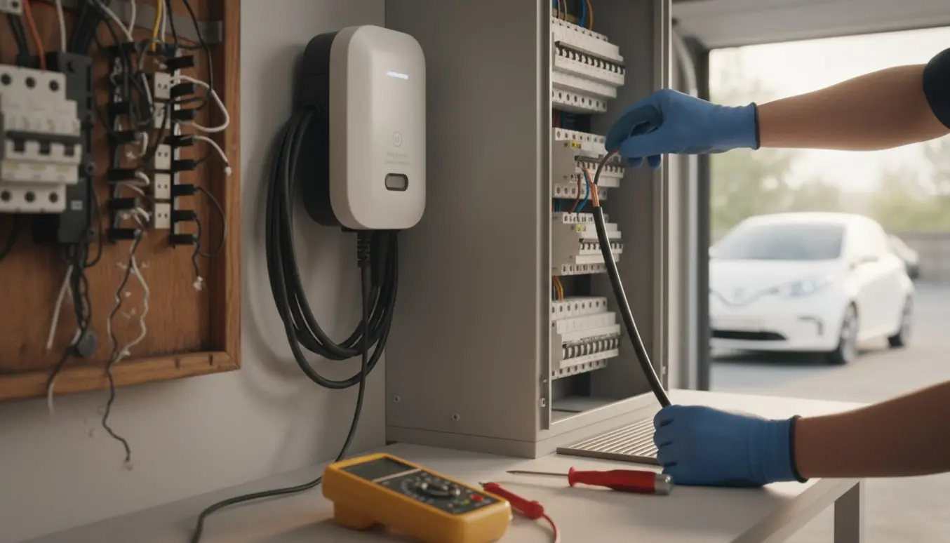 Elektriker forbinder en ny tre-faset eltavle til opladning af en elbil, med moderne vægoplader og kabler i forgrunden.