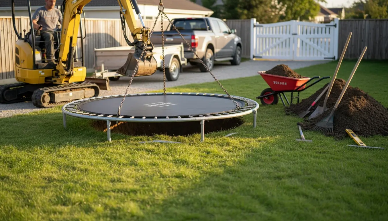 Nedgravning af trampolin i en have med mini-gravemaskine og jord klar til bortskaffelse.