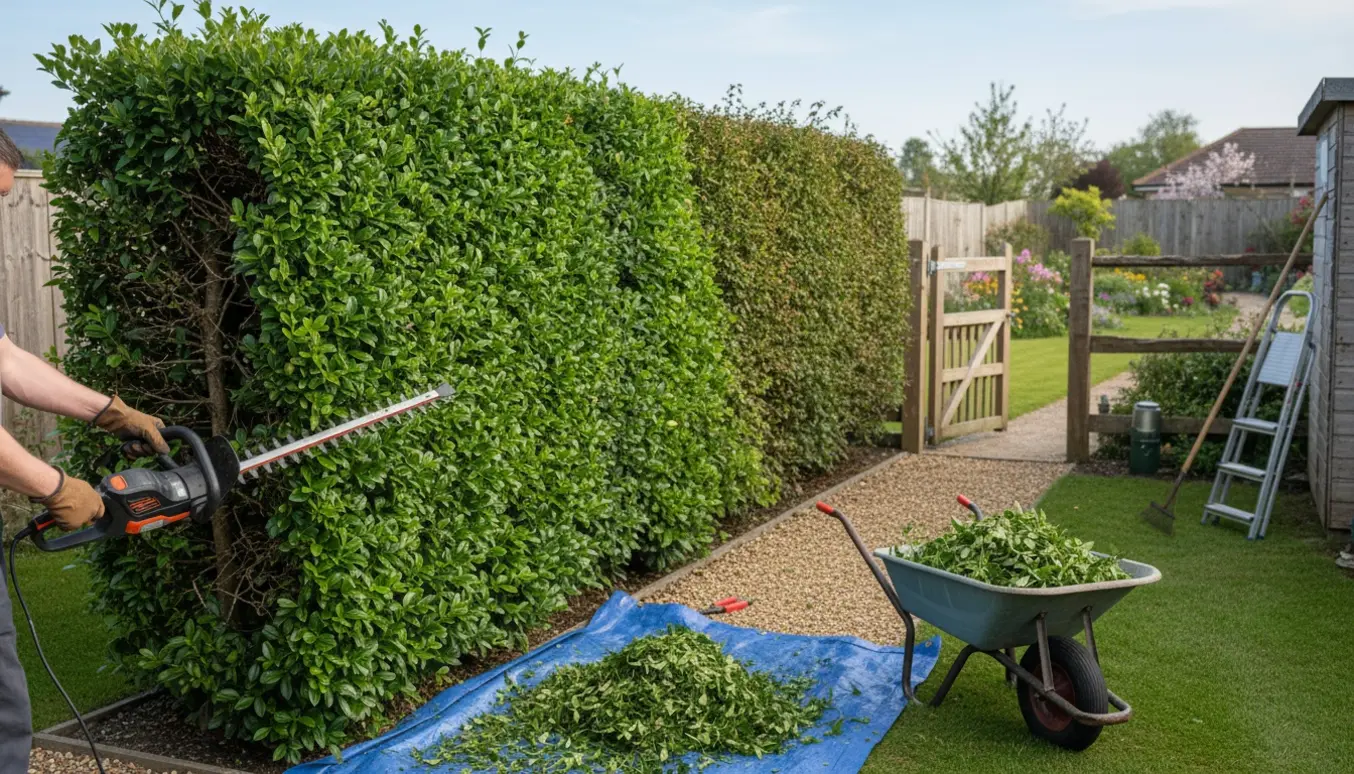 Ligusterhæk klippet i have med elektrisk hækkeklipper, bunker af afklip og redskaber ved siden af.