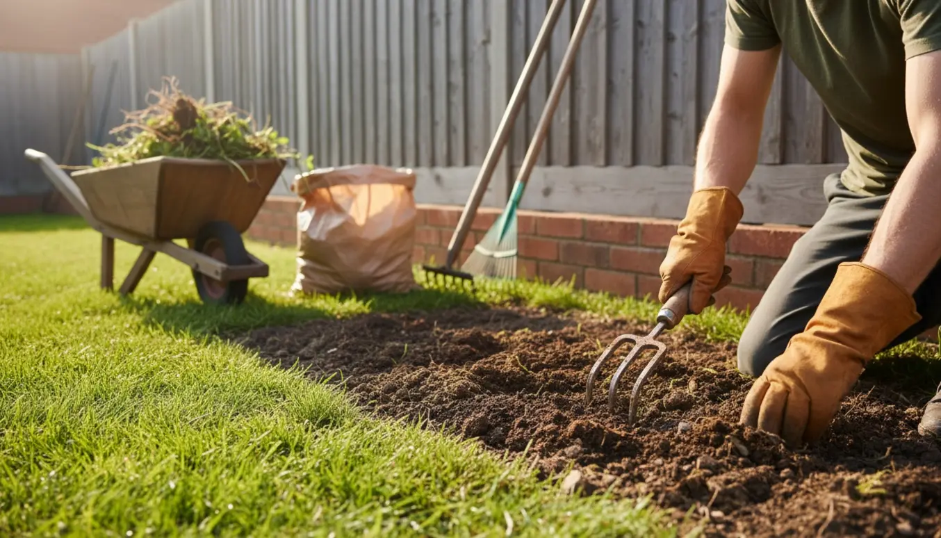 En baghave hvor en person uden synligt ansigt fjerner ukrudt og kultiverer jorden med håndredskaber.