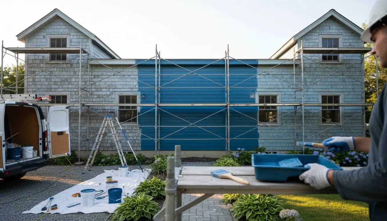 Udvendig maling af et langt træhus med stillads, malergrej og en maler set bagfra.