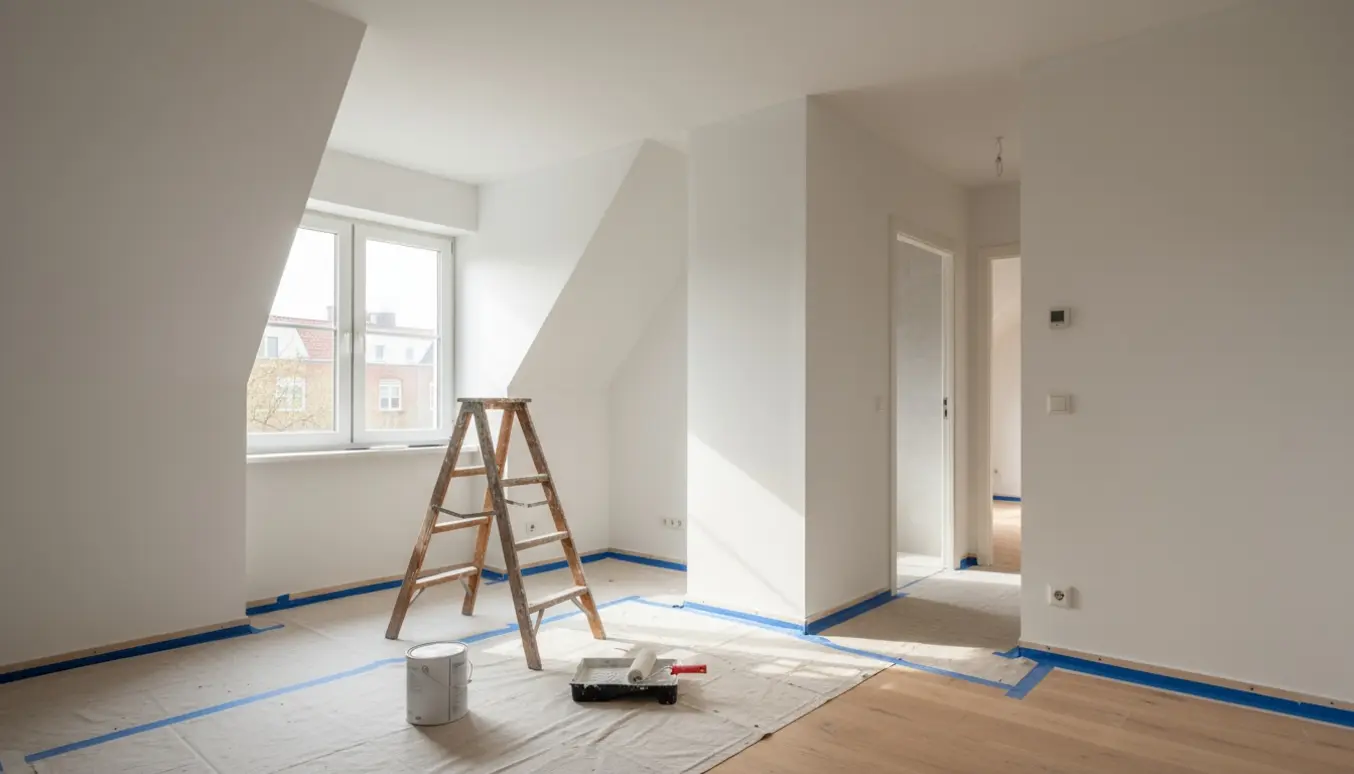 Tom 2-værelses lejlighed under maling med rulle, malerbøtte, afdækning og nymalede hvide vægge, inklusive en skrå væg.