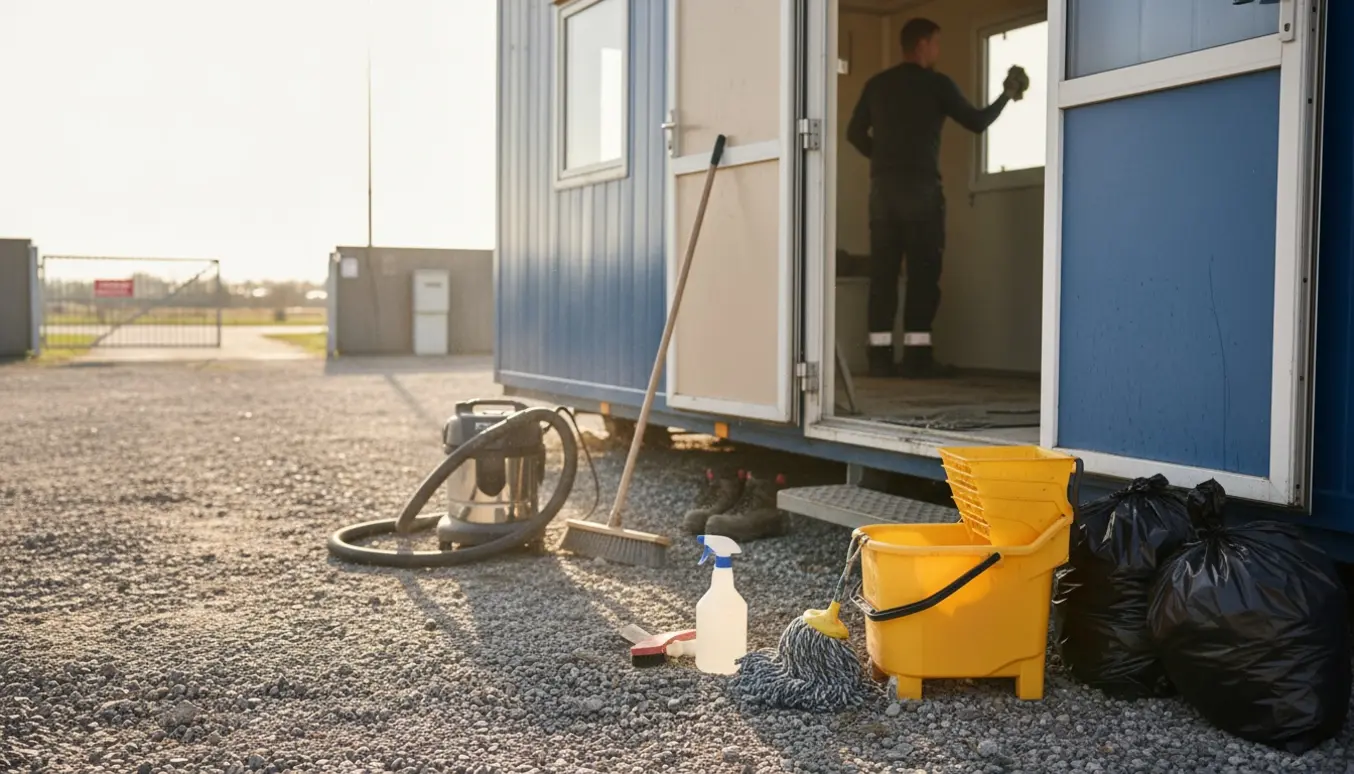 Rengøring af en beskidt skurvogn på en byggeplads i Herning med rengøringsudstyr og handsker.