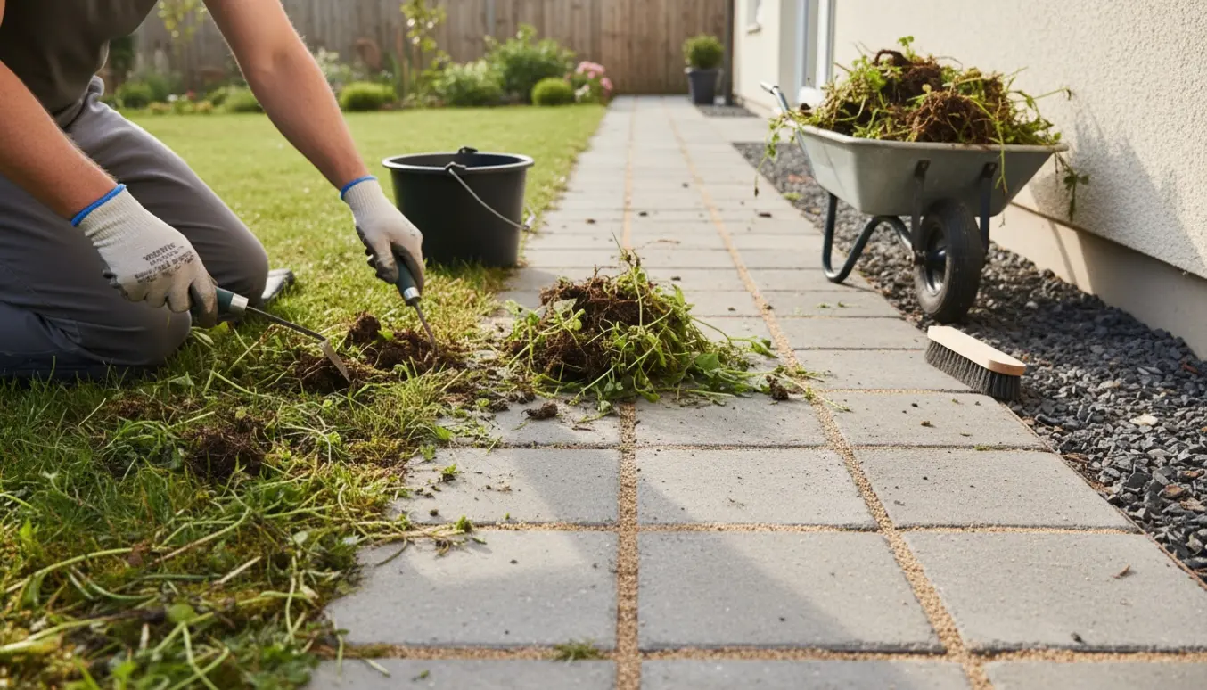 Hænder i handsker fjerner ukrudt mellem fliserne og langs husmuren med haveværktøj og en trillebør med affald.