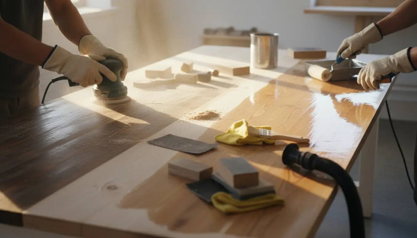 Bordplade med strygemærker, hvor hænder sliber og lakerer træet i et lyst værksted.