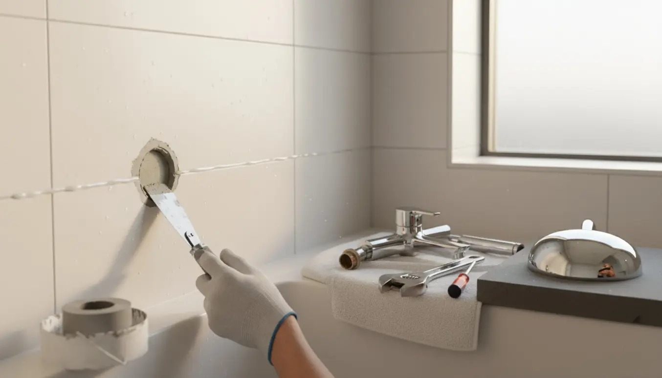 Hænder lapper huller i vådrumsvæg og forbereder montering af nyt blandingsbatteri og brusehoved.