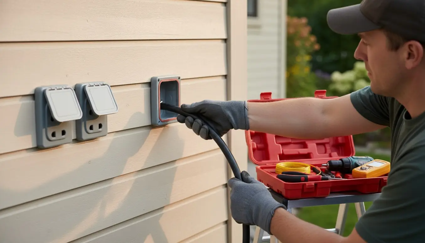 Nærbillede af handskerklædte hænder, der monterer et vejrbestandigt udendørs stik på en husfacade.