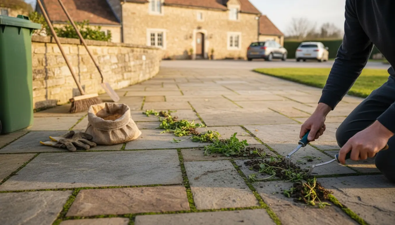 Nærbillede af hænder, der fjerner ukrudt mellem fliser på en solrig terrasse med værktøj og en grøn affaldscontainer i baggrunden.