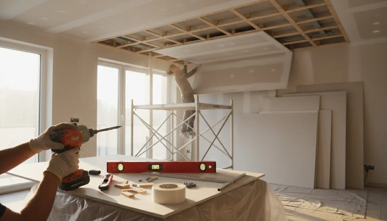 Opsætning af dobbelt lag gipsloft i en stue med skruemaskine, stillads og beskyttede møbler.