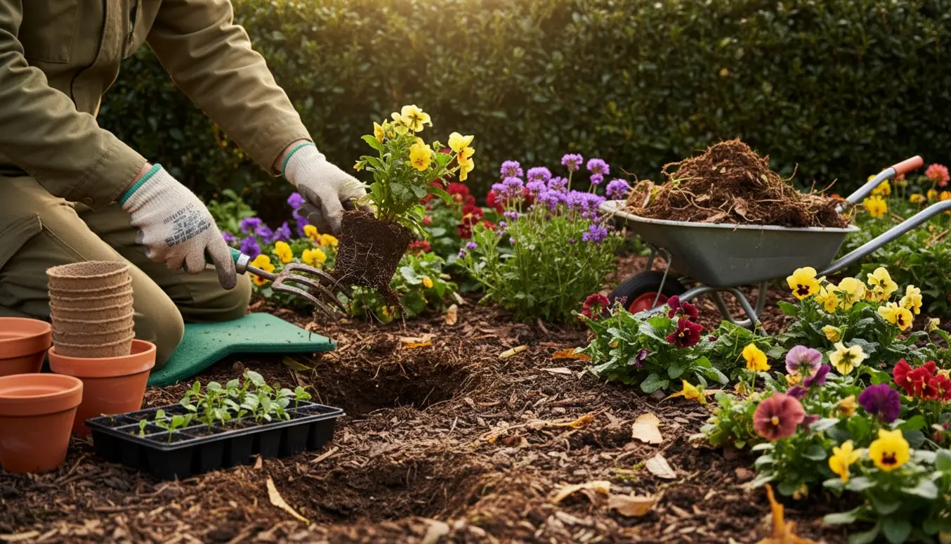 Hænder luger og omplanter planter i et bed ved en tæt hæk.
