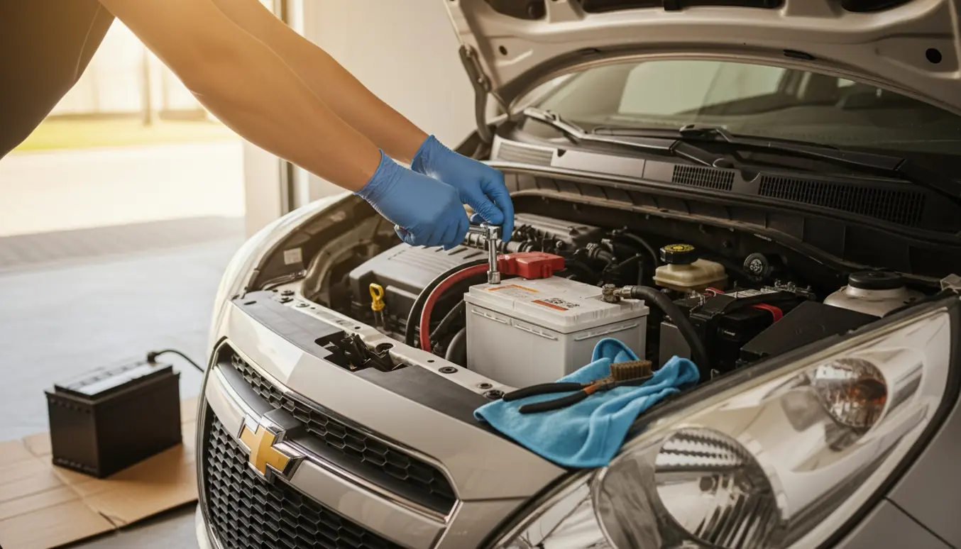 Handskerede hænder installerer et nyt bilbatteri i en lille hatchback med åben motorhjelm.