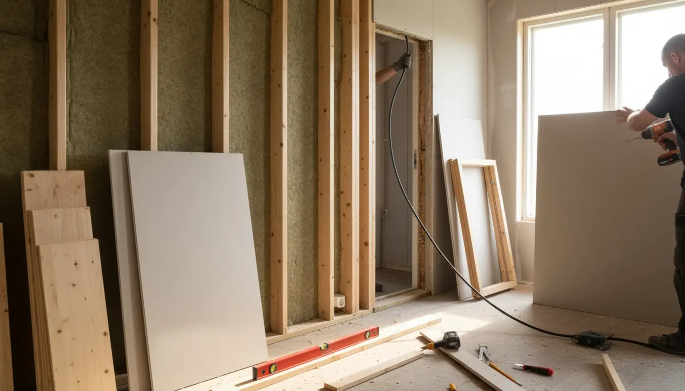 Installering af skillevæg i et sommerhus med gips, isolering, træplader og et kabel føres ind ved døråbningen.