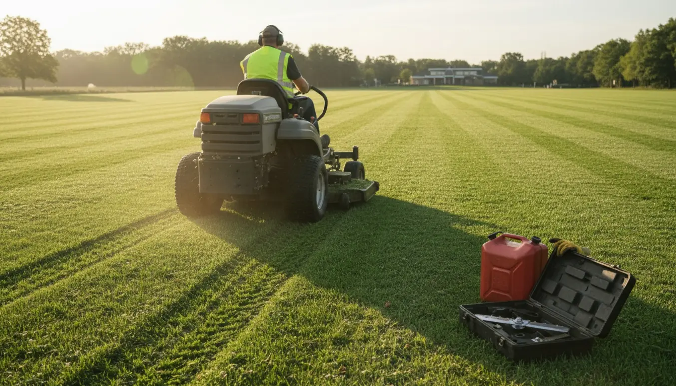 Rider-plæneklipper klipper en stor græsmark og danner tydelige striber, set bagfra.