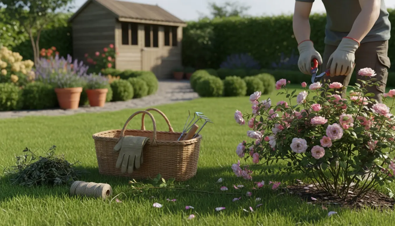 Hænder i handsker beskærer roser i en soloplyst privat have med haveredskaber ved siden af.