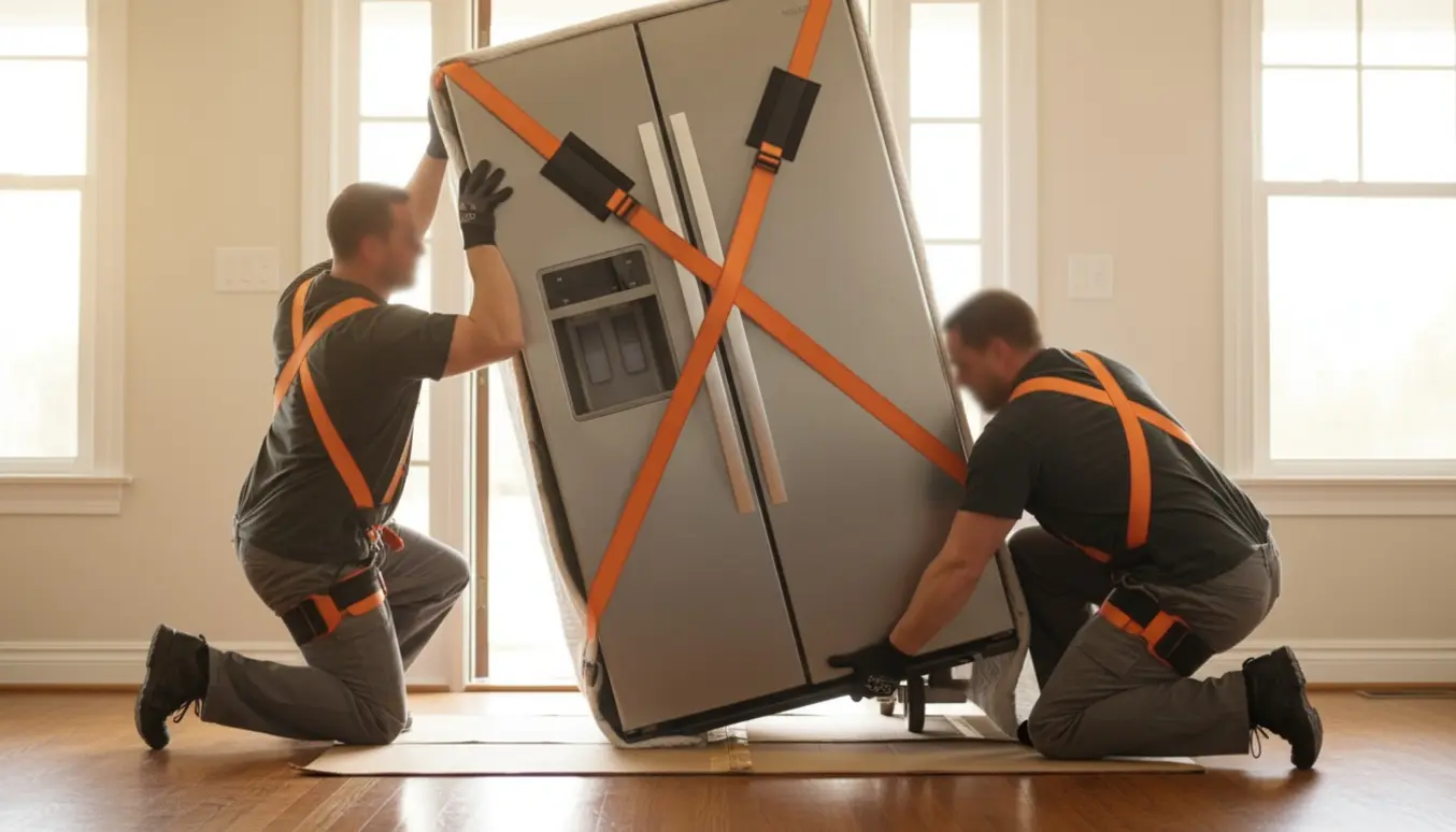 To mænd løfter et stort amerikansk køleskab ind gennem en lav hoveddør med bæreseler og beskyttelse på gulvet.