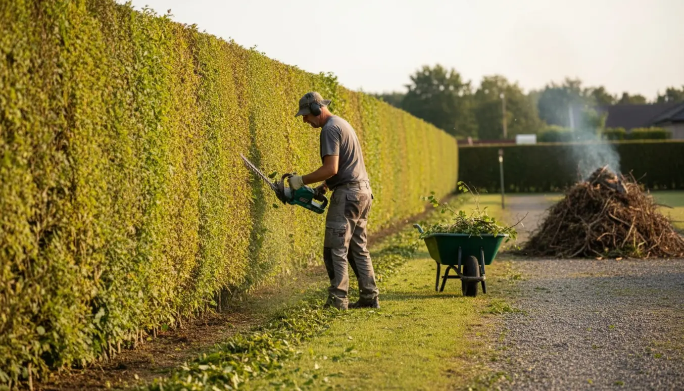 En person klipper en ca. 2 m høj hæk med en trillebør fuld af afklip på vej mod et bål.