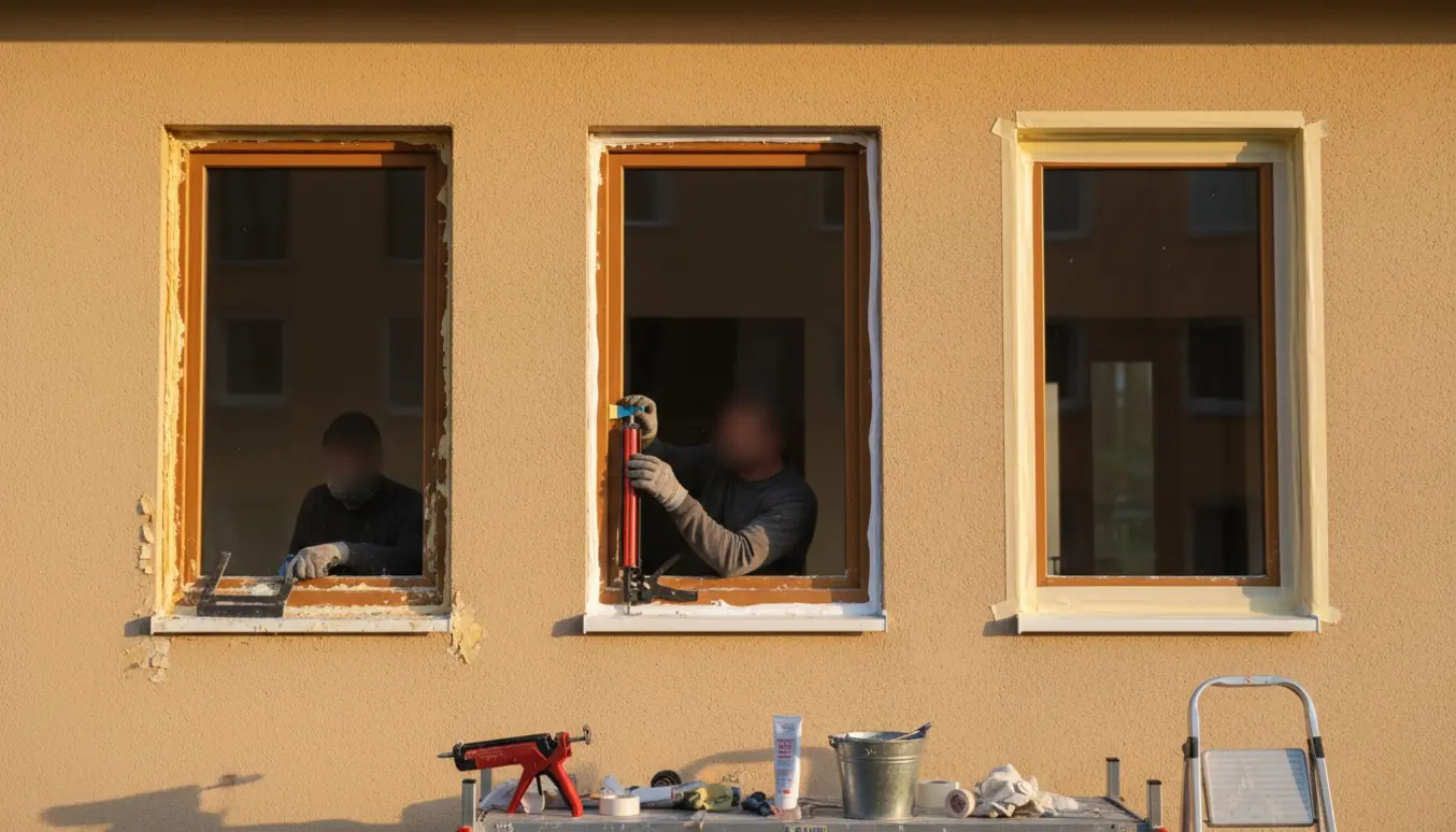 Udvendig omfugning af tre første­salsvinduer med fugepistol og værktøj.