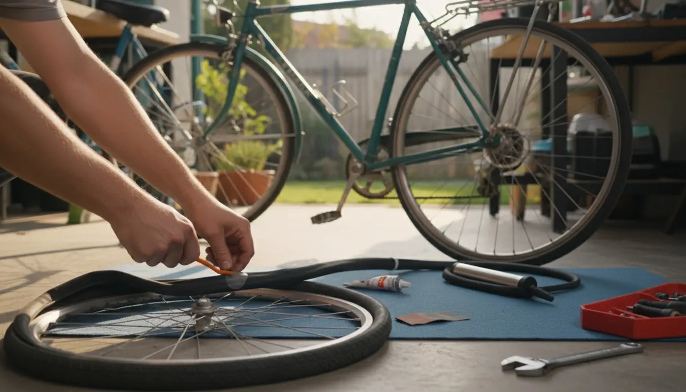 To almindelige cykler med baghjul taget af, hvor hænder lapper flade dæk med lappegrej i naturligt lys.