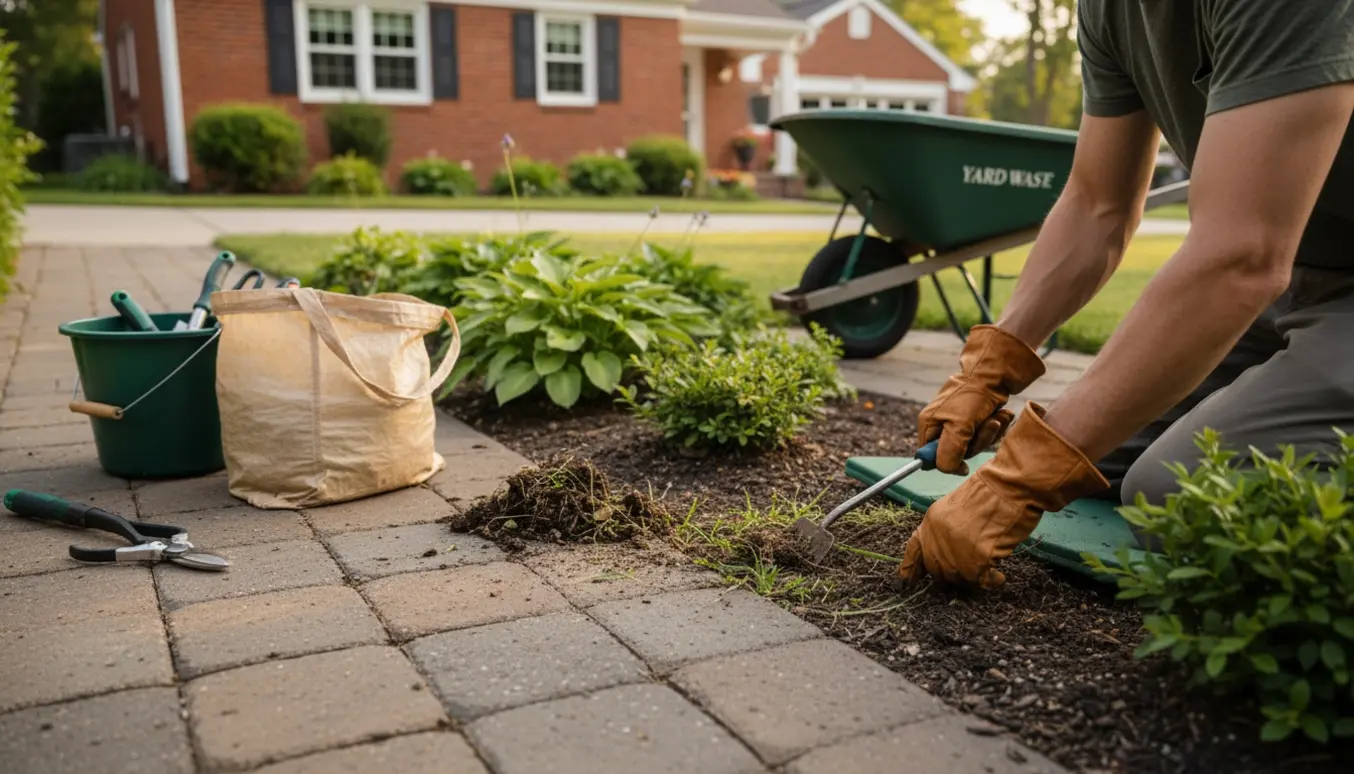 Person set bagfra luger ukrudt mellem fliser og i bed i en baghave med haveredskaber og en trillebør ved siden af.