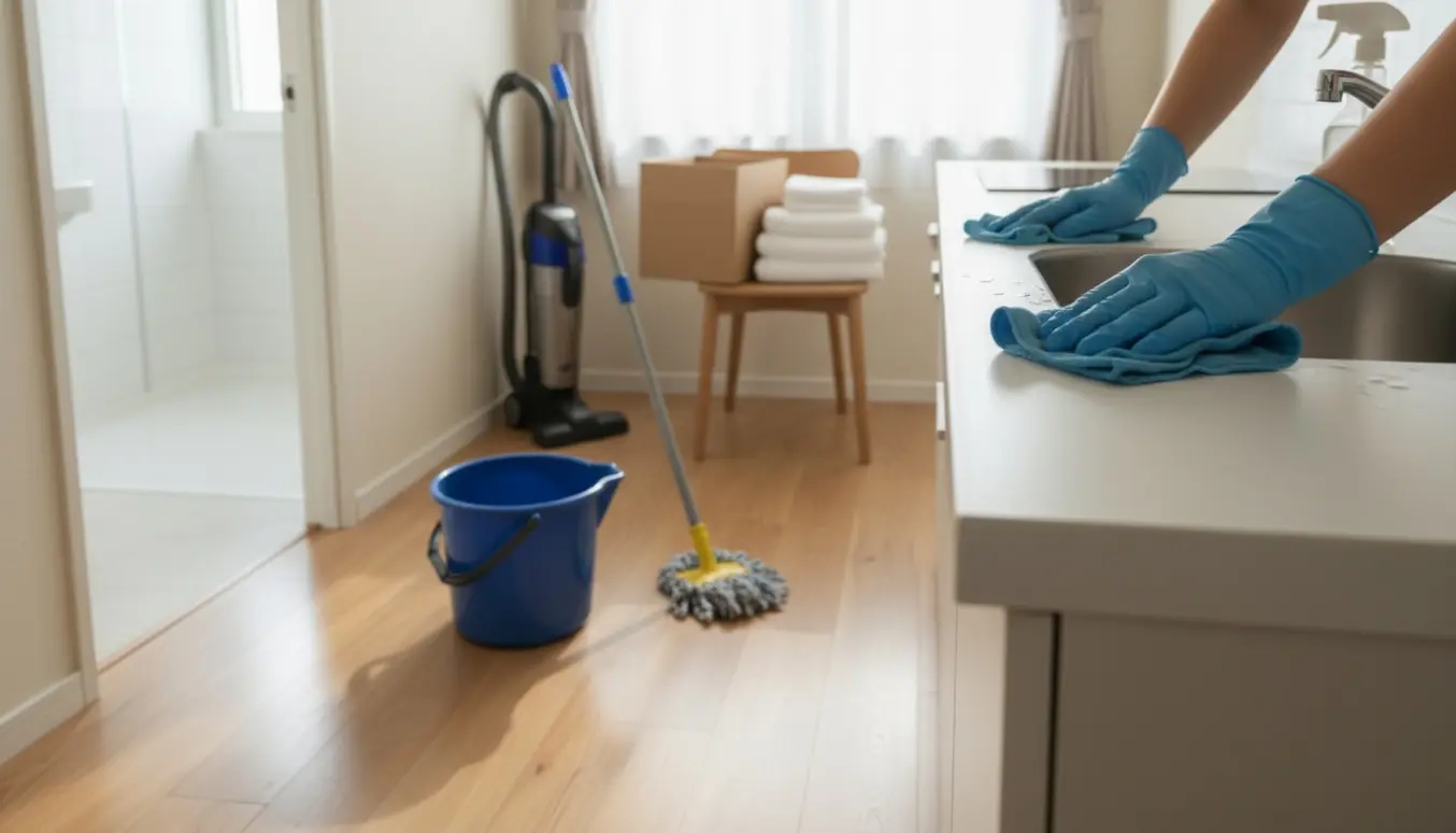 Hænder med handsker vasker køkkenvasken i et lille 25 m² studie med moppe og spand på det lyse gulv.