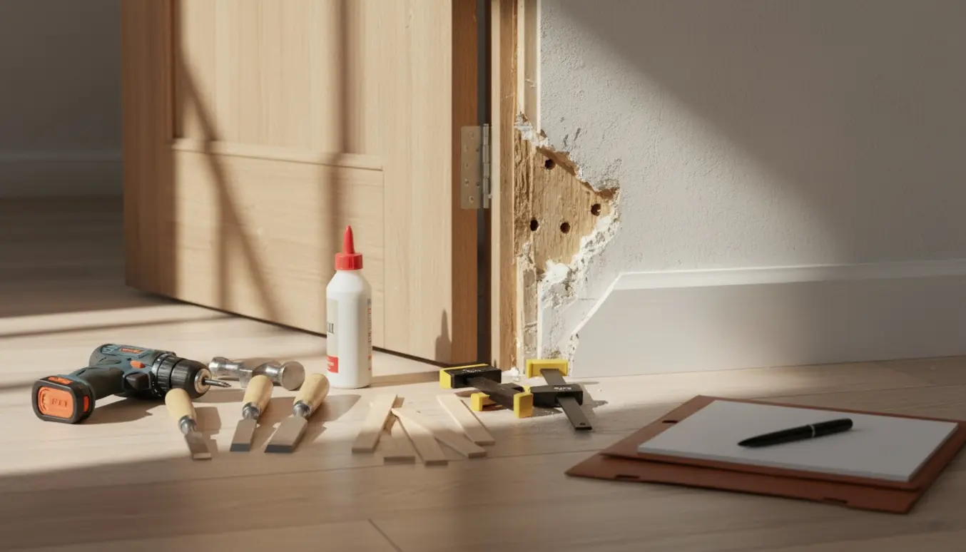 Løs dørkarm trukket væk fra væggen med reparationsværktøj og en blank notesblok klar til faktura.