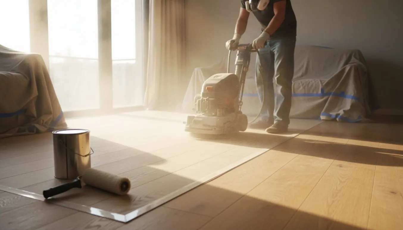 Slibning og oliering af trægulv i en lys lejlighed med slibemaskine og påføringsklud.