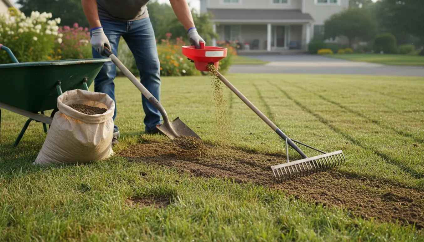 Topdressing og udsåning af græsfrø på en vertikalskåret græsplæne med trillebør, skovl og rive.