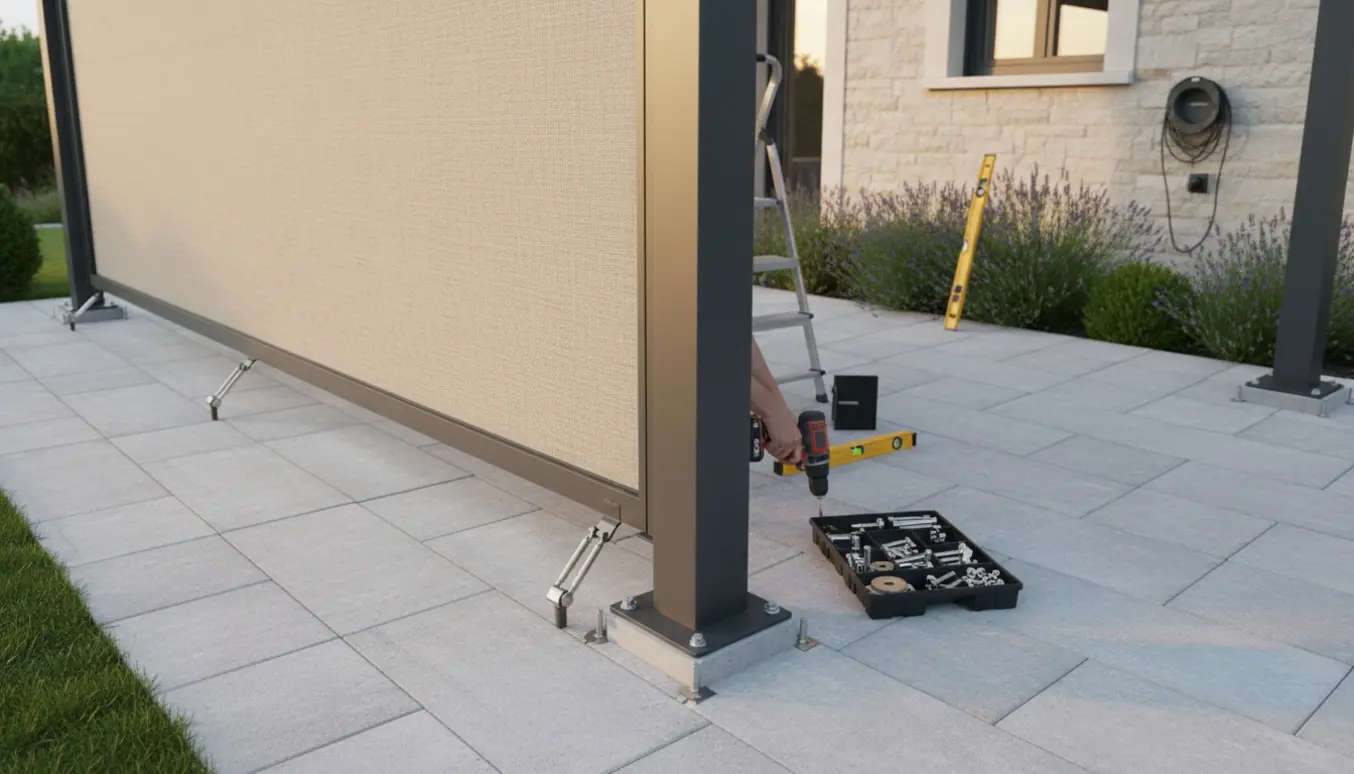 Opsætning af en 3x4 pergola på fliseterrasse med elektriske sidevægge og synlige forankringer.