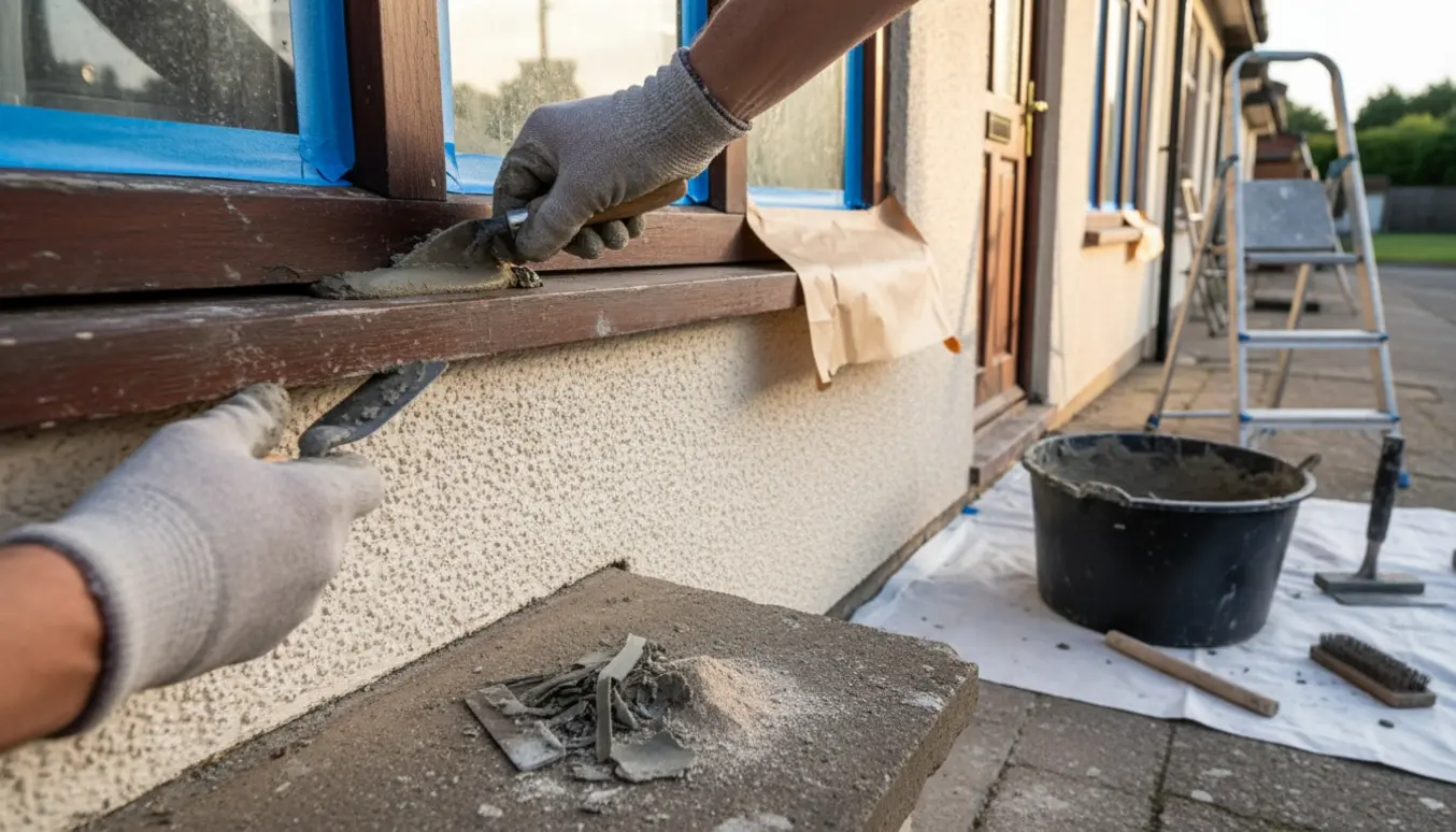 Hænder på en håndværker, der påfører ny mørtel langs vindues- og dørrammer på en stueetage, med afdækning klar til maling.