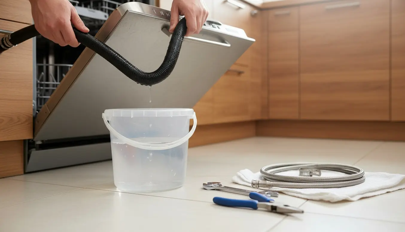 Hænder retter en bukket tilløbsslange på en delvist åben opvaskemaskine med værktøj og en spand til at opsamle vand.
