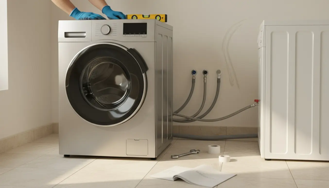 Moderne frontbetjent vaskemaskine bliver installeret i et lyst bryggers med værktøj og tilslutninger synlige.