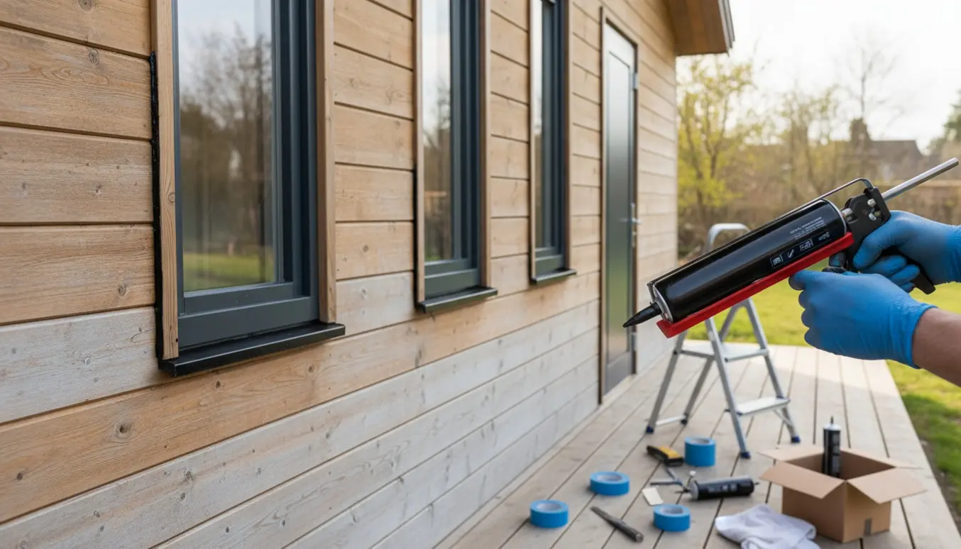 Nærbillede af udvendigt fugearbejde med sort fuge omkring tre vinduer og en dør på et træ sommerhus.
